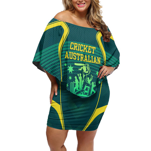 Australian Cricket Family Matching Off Shoulder Short Dress and Hawaiian Shirt Dark Green Halftone Tech Graphic - Southern Cross Stars
