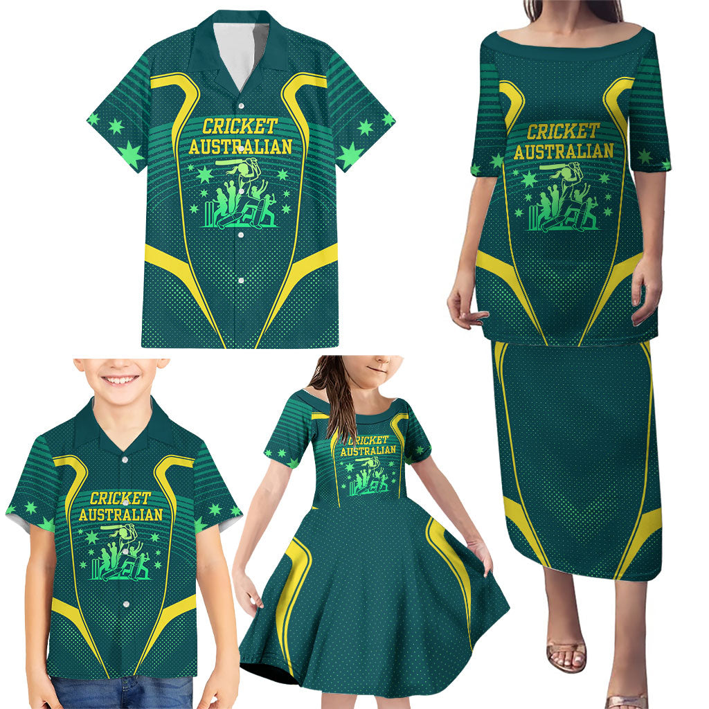 Australian Cricket Family Matching Puletasi and Hawaiian Shirt Dark Green Halftone Tech Graphic - Southern Cross Stars
