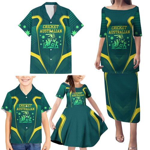 Australian Cricket Family Matching Puletasi and Hawaiian Shirt Dark Green Halftone Tech Graphic - Southern Cross Stars