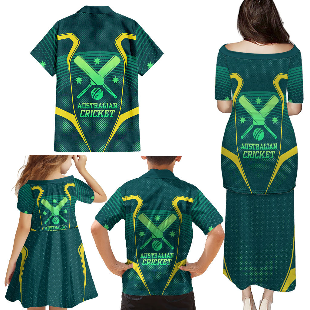 Australian Cricket Family Matching Puletasi and Hawaiian Shirt Dark Green Halftone Tech Graphic - Southern Cross Stars