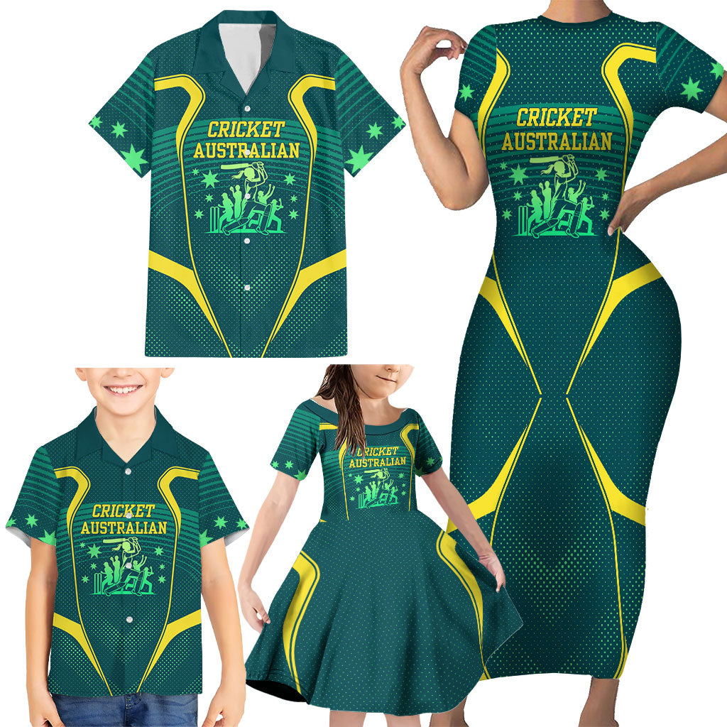 Australian Cricket Family Matching Short Sleeve Bodycon Dress and Hawaiian Shirt Dark Green Halftone Tech Graphic - Southern Cross Stars