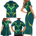 Australian Cricket Family Matching Short Sleeve Bodycon Dress and Hawaiian Shirt Dark Green Halftone Tech Graphic - Southern Cross Stars