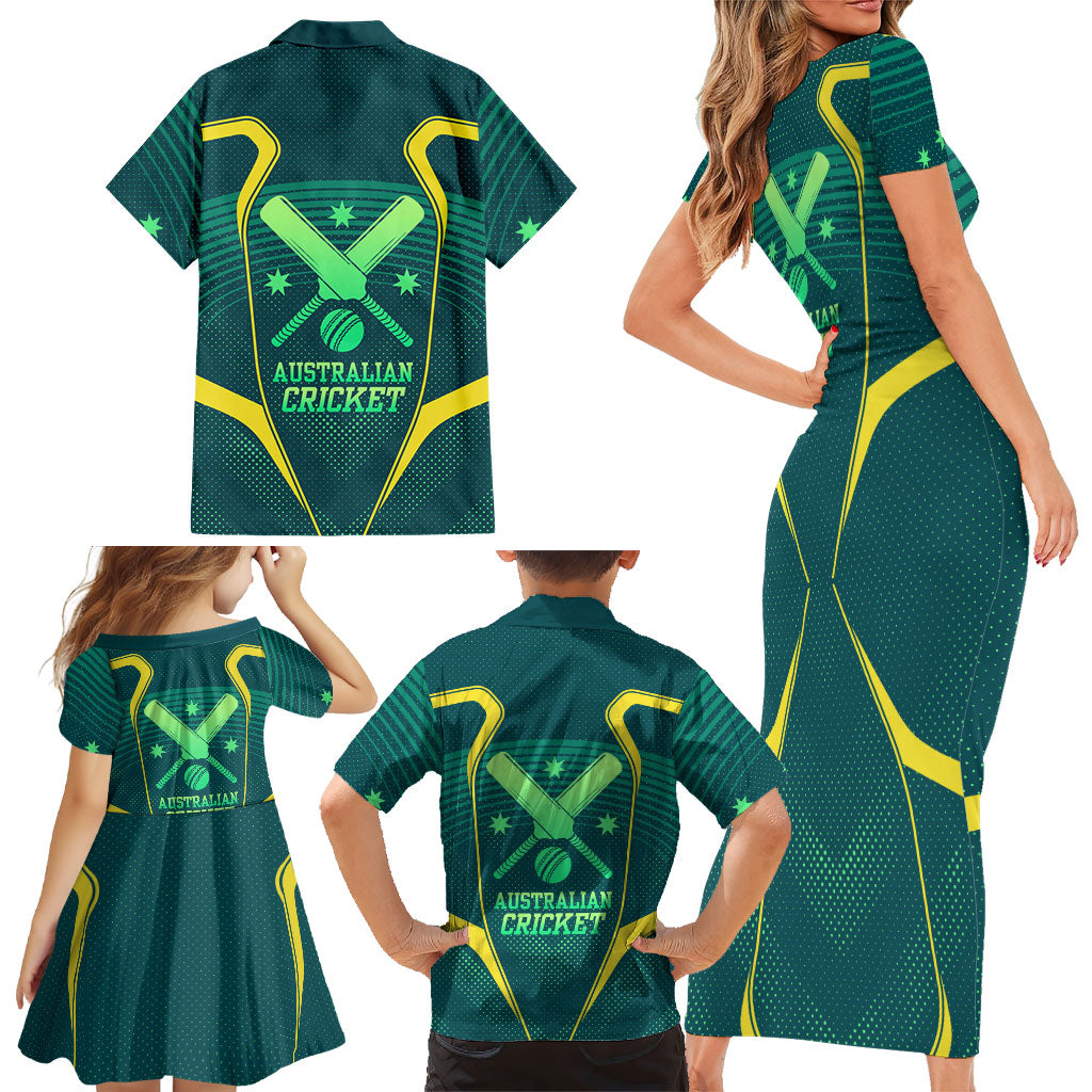 Australian Cricket Family Matching Short Sleeve Bodycon Dress and Hawaiian Shirt Dark Green Halftone Tech Graphic - Southern Cross Stars