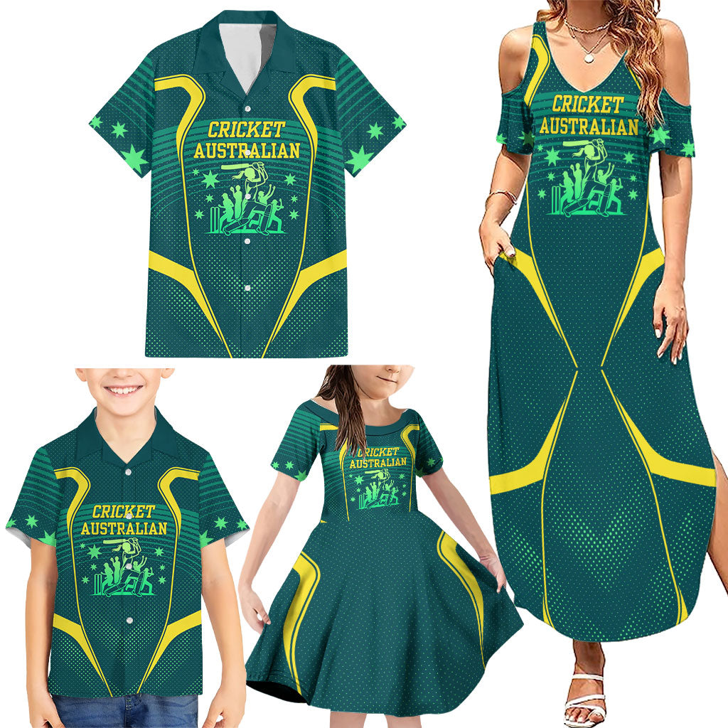 Australian Cricket Family Matching Summer Maxi Dress and Hawaiian Shirt Dark Green Halftone Tech Graphic - Southern Cross Stars
