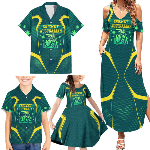 Australian Cricket Family Matching Summer Maxi Dress and Hawaiian Shirt Dark Green Halftone Tech Graphic - Southern Cross Stars