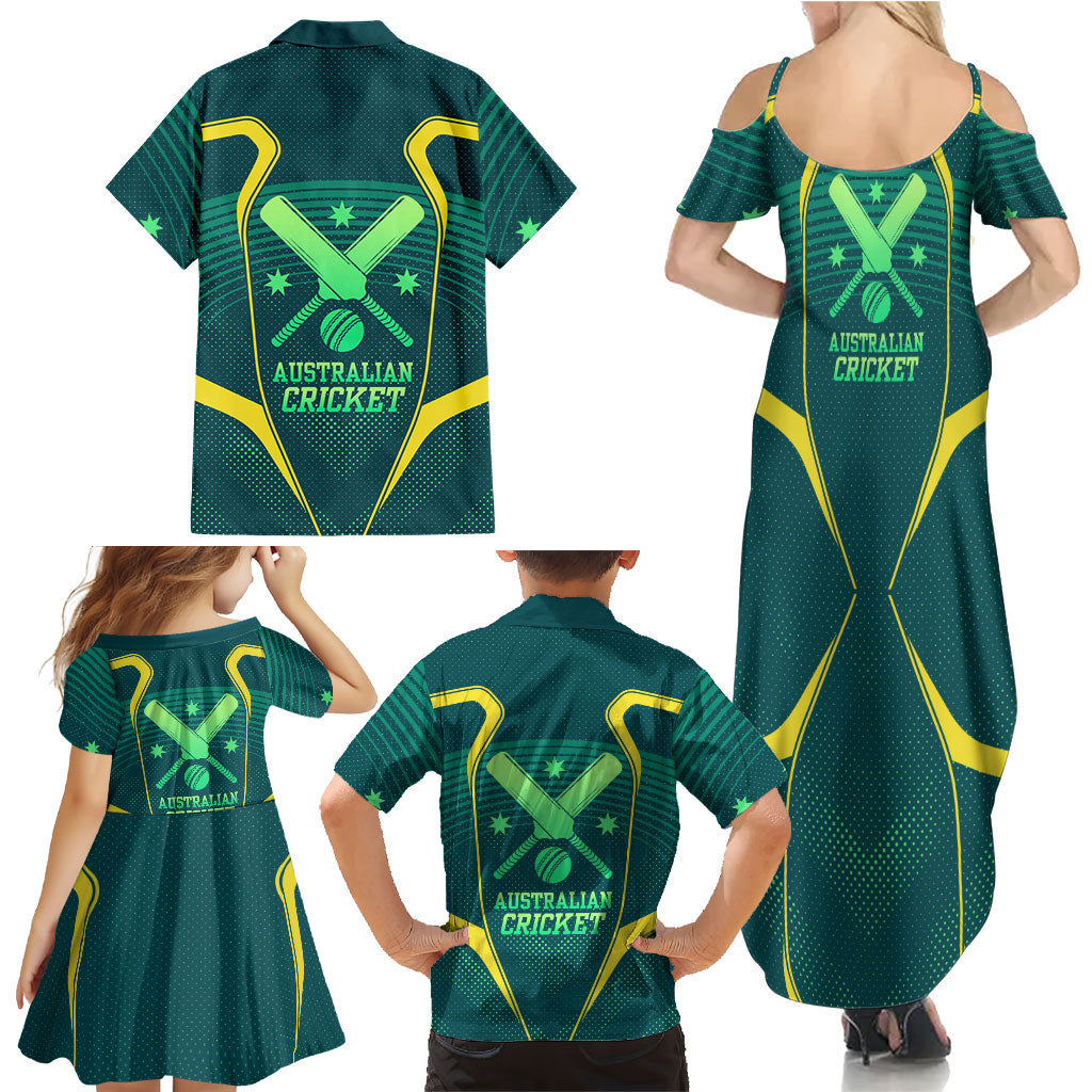 Australian Cricket Family Matching Summer Maxi Dress and Hawaiian Shirt Dark Green Halftone Tech Graphic - Southern Cross Stars