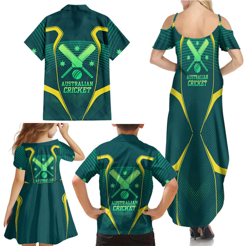 Australian Cricket Family Matching Summer Maxi Dress and Hawaiian Shirt Dark Green Halftone Tech Graphic - Southern Cross Stars