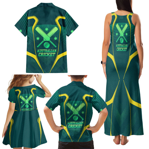 Australian Cricket Family Matching Tank Maxi Dress and Hawaiian Shirt Dark Green Halftone Tech Graphic - Southern Cross Stars