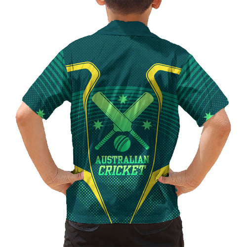 Australian Cricket Kid Hawaiian Shirt Dark Green Halftone Tech Graphic - Southern Cross Stars