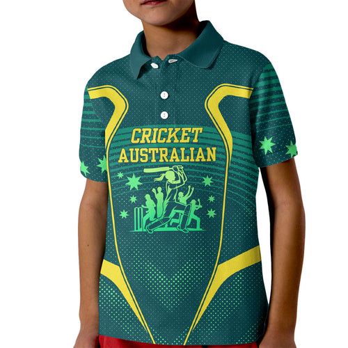 Australian Cricket Kid Polo Shirt Dark Green Halftone Tech Graphic - Southern Cross Stars