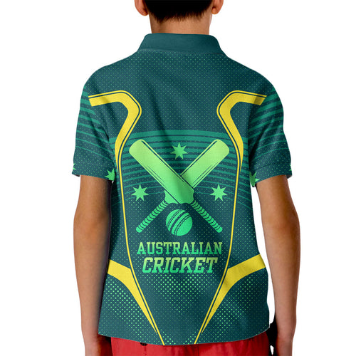 Australian Cricket Kid Polo Shirt Dark Green Halftone Tech Graphic - Southern Cross Stars