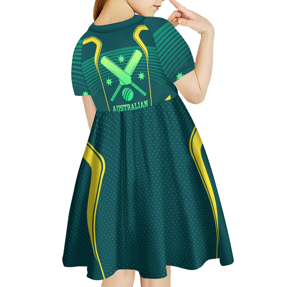 Australian Cricket Kid Short Sleeve Dress Dark Green Halftone Tech Graphic - Southern Cross Stars