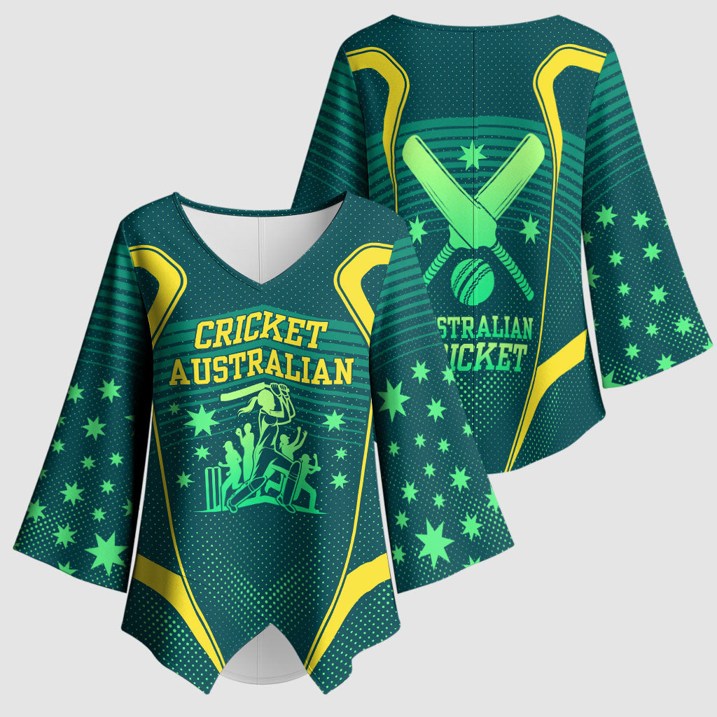 Australian Cricket Kimono Sleeve Blouse Dark Green Halftone Tech Graphic - Southern Cross Stars