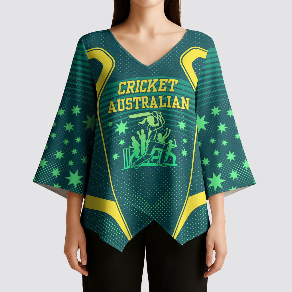 Australian Cricket Kimono Sleeve Blouse Dark Green Halftone Tech Graphic - Southern Cross Stars