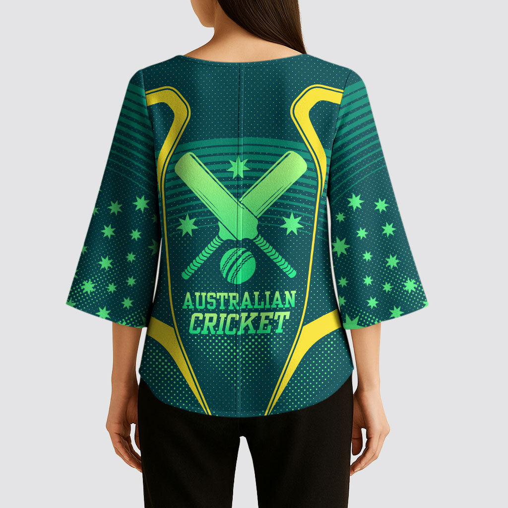Australian Cricket Kimono Sleeve Blouse Dark Green Halftone Tech Graphic - Southern Cross Stars