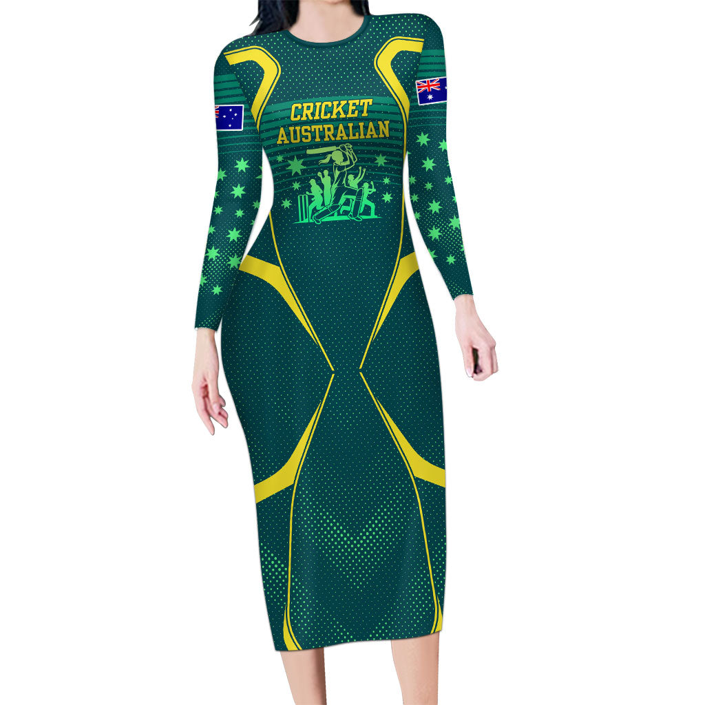 Australian Cricket Long Sleeve Bodycon Dress Dark Green Halftone Tech Graphic - Southern Cross Stars
