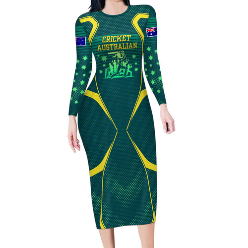 Australian Cricket Long Sleeve Bodycon Dress Dark Green Halftone Tech Graphic - Southern Cross Stars