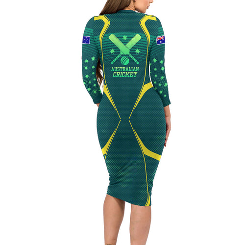 Australian Cricket Long Sleeve Bodycon Dress Dark Green Halftone Tech Graphic - Southern Cross Stars