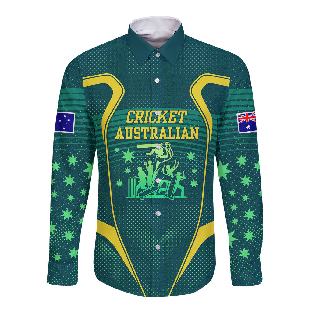Australian Cricket Long Sleeve Button Shirt Dark Green Halftone Tech Graphic - Southern Cross Stars