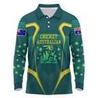 Australian Cricket Long Sleeve Polo Shirt Dark Green Halftone Tech Graphic - Southern Cross Stars