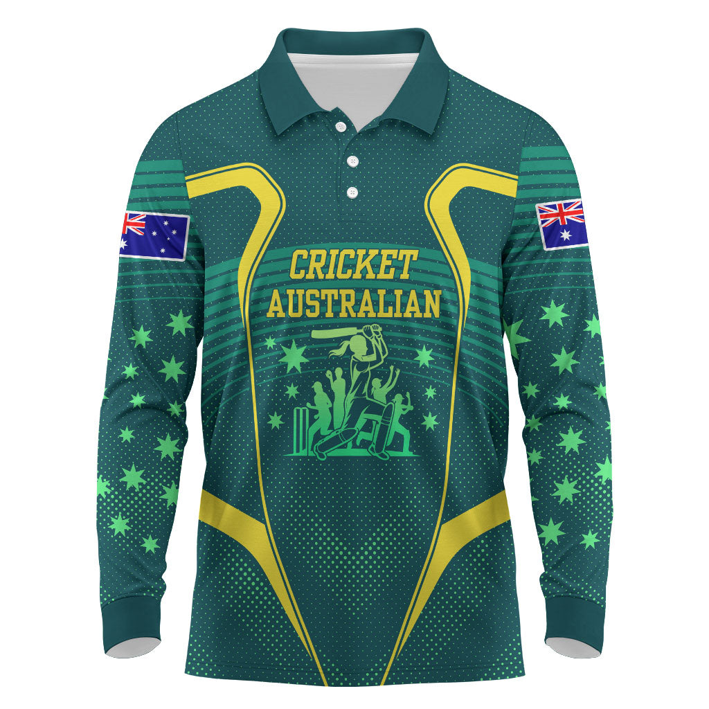 Australian Cricket Long Sleeve Polo Shirt Dark Green Halftone Tech Graphic - Southern Cross Stars