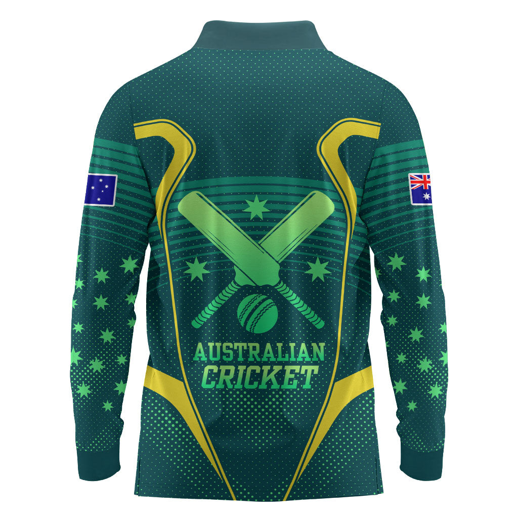 Australian Cricket Long Sleeve Polo Shirt Dark Green Halftone Tech Graphic - Southern Cross Stars