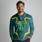 Australian Cricket Long Sleeve Polo Shirt Dark Green Halftone Tech Graphic - Southern Cross Stars