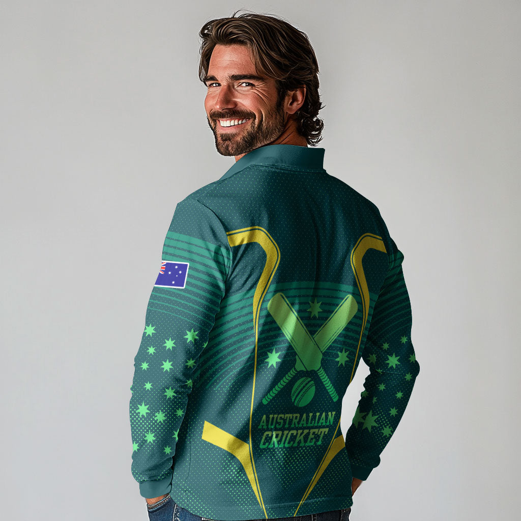 Australian Cricket Long Sleeve Polo Shirt Dark Green Halftone Tech Graphic - Southern Cross Stars