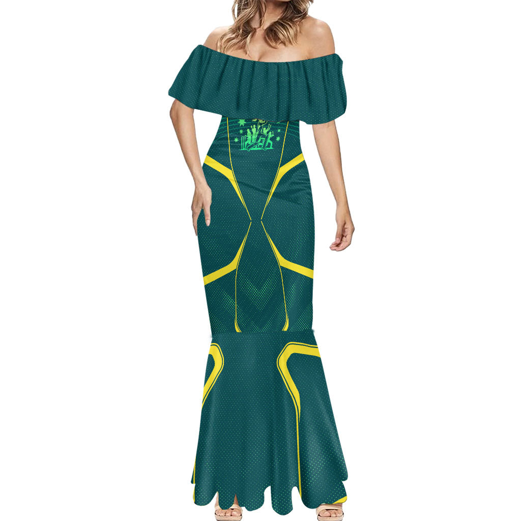 Australian Cricket Mermaid Dress Dark Green Halftone Tech Graphic - Southern Cross Stars