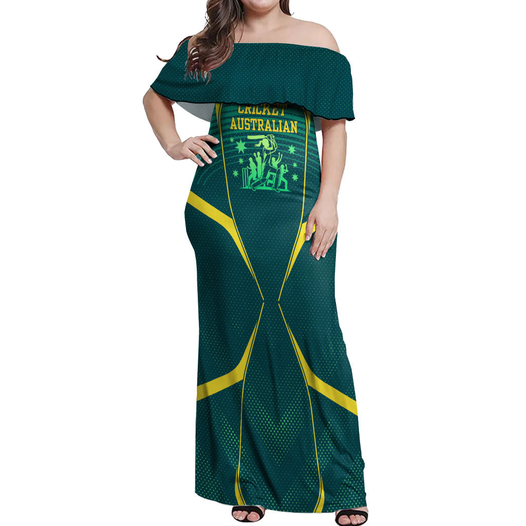 Australian Cricket Off Shoulder Maxi Dress Dark Green Halftone Tech Graphic - Southern Cross Stars