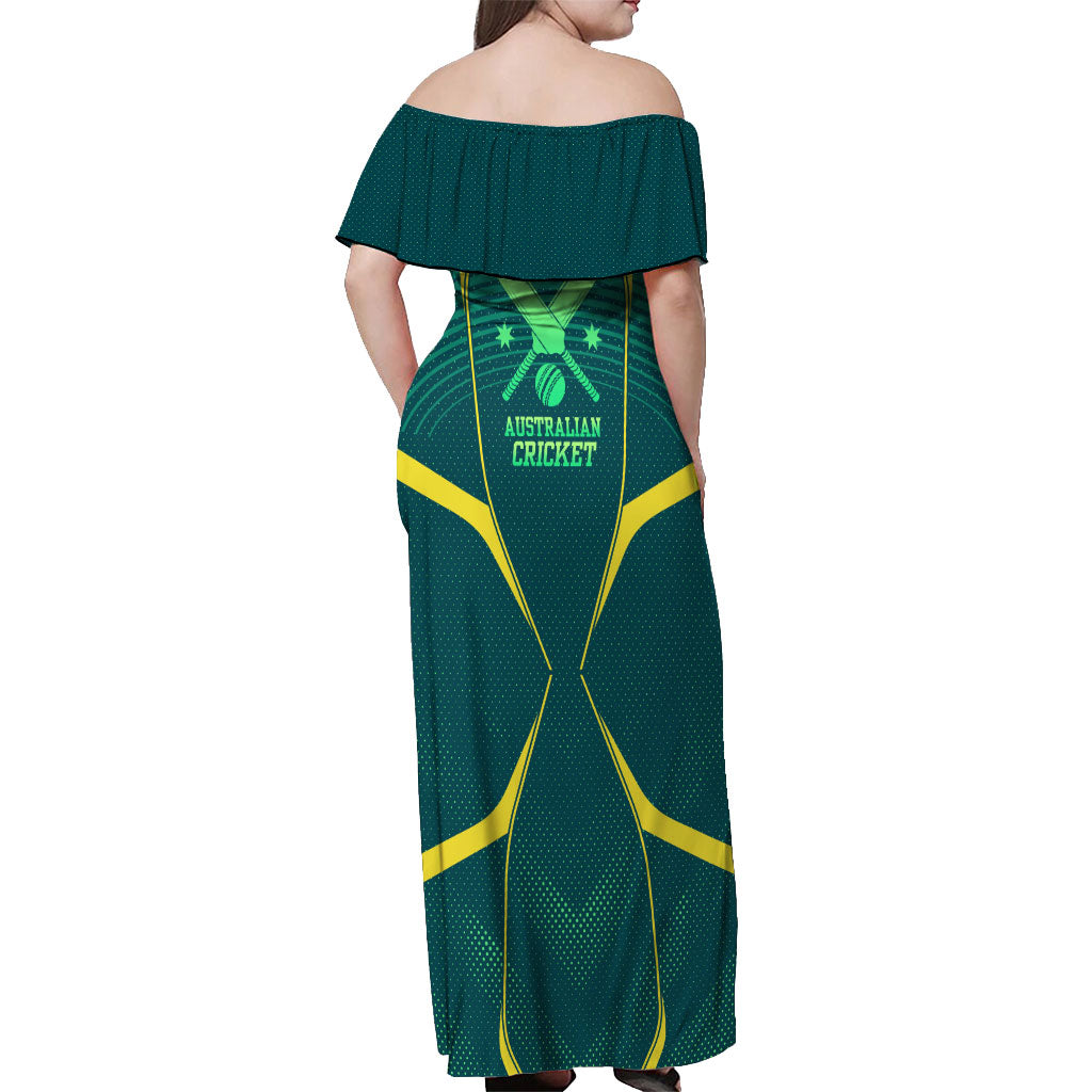 Australian Cricket Off Shoulder Maxi Dress Dark Green Halftone Tech Graphic - Southern Cross Stars