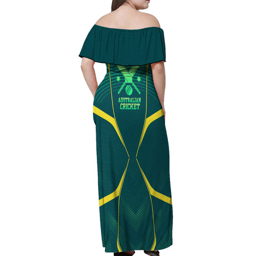 Australian Cricket Off Shoulder Maxi Dress Dark Green Halftone Tech Graphic - Southern Cross Stars