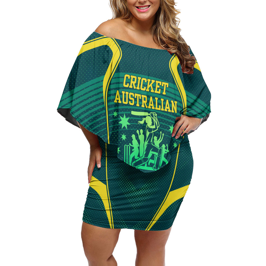 Australian Cricket Off Shoulder Short Dress Dark Green Halftone Tech Graphic - Southern Cross Stars