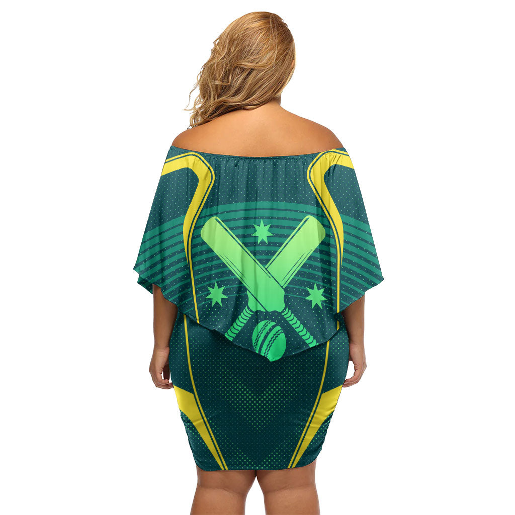Australian Cricket Off Shoulder Short Dress Dark Green Halftone Tech Graphic - Southern Cross Stars