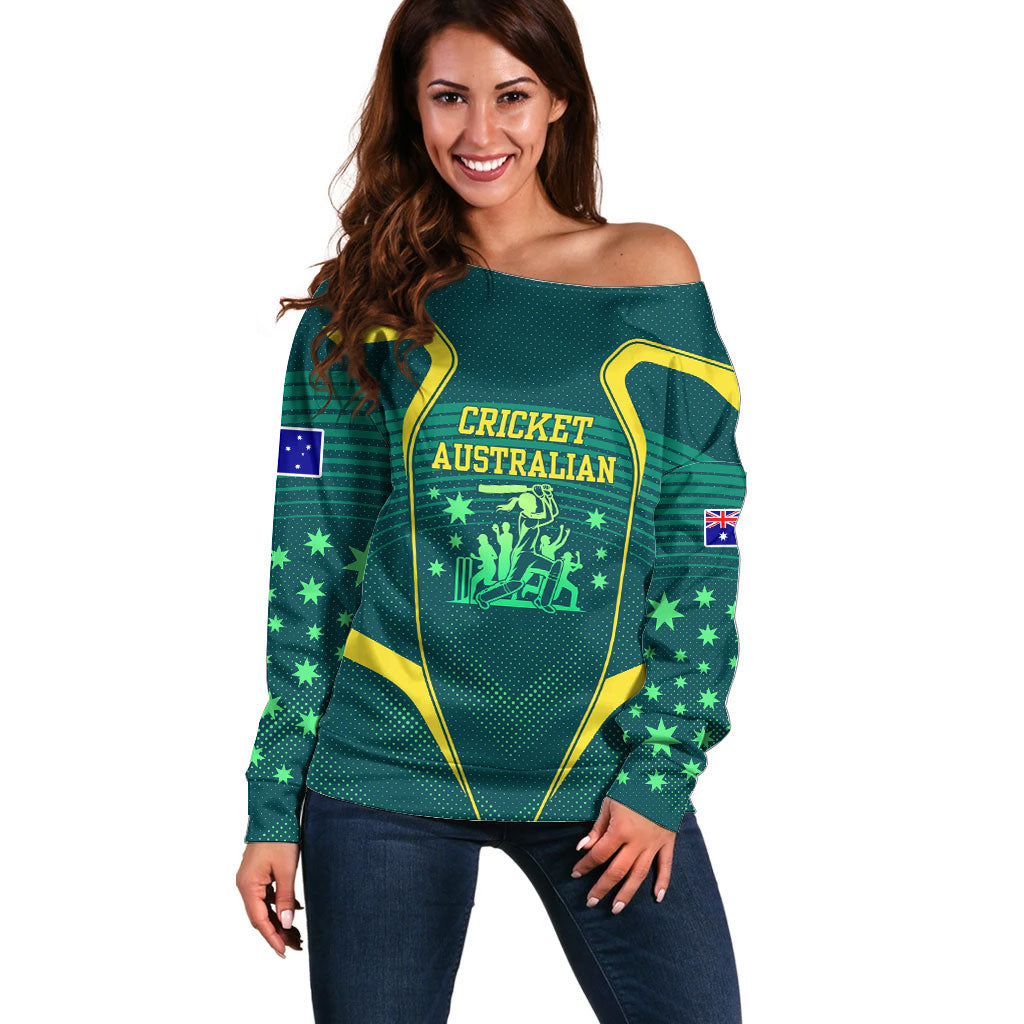 Australian Cricket Off Shoulder Sweater Dark Green Halftone Tech Graphic - Southern Cross Stars
