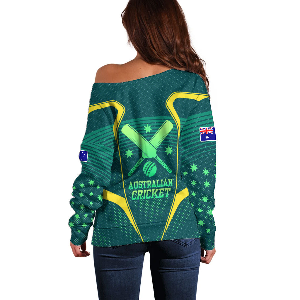 Australian Cricket Off Shoulder Sweater Dark Green Halftone Tech Graphic - Southern Cross Stars