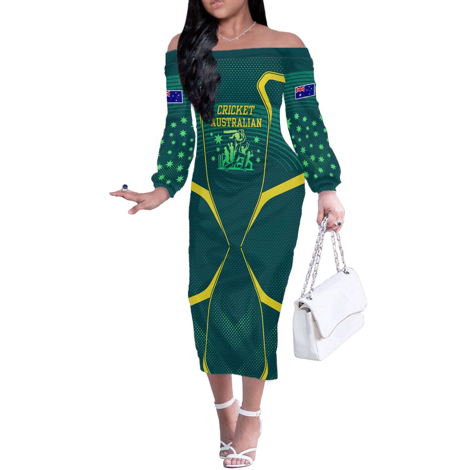 Australian Cricket Off The Shoulder Long Sleeve Dress Dark Green Halftone Tech Graphic - Southern Cross Stars