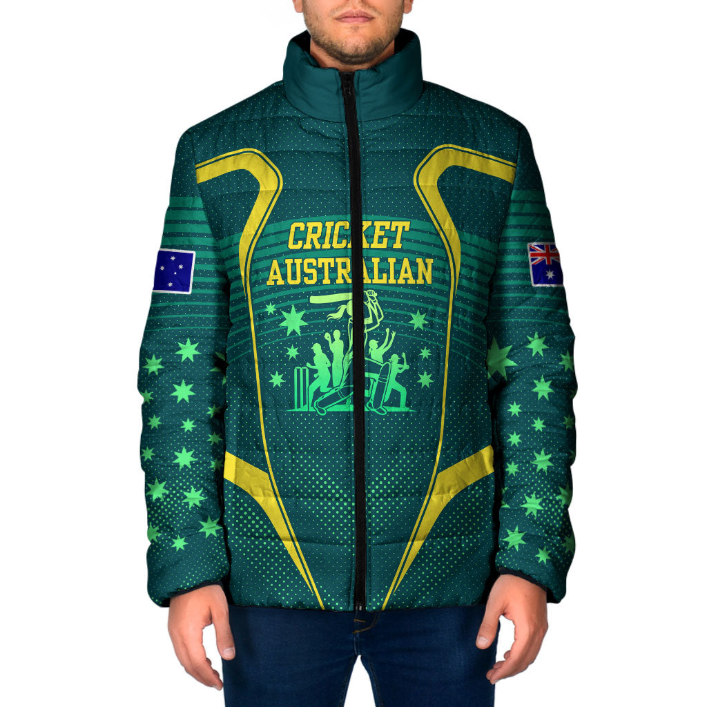 Australian Cricket Padded Jacket Dark Green Halftone Tech Graphic - Southern Cross Stars