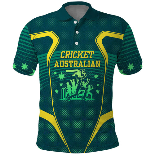 Australian Cricket Polo Shirt Dark Green Halftone Tech Graphic - Southern Cross Stars