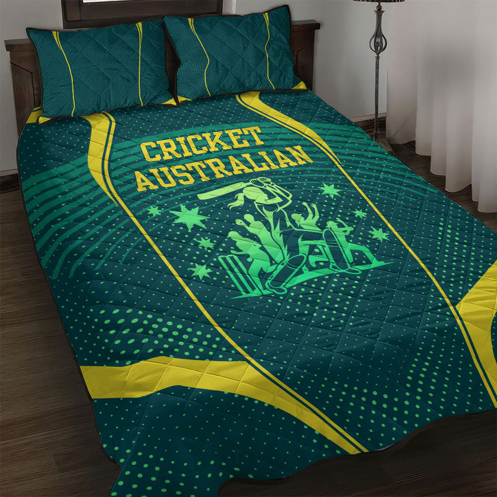 Australian Cricket Quilt Bed Set Dark Green Halftone Tech Graphic - Southern Cross Stars