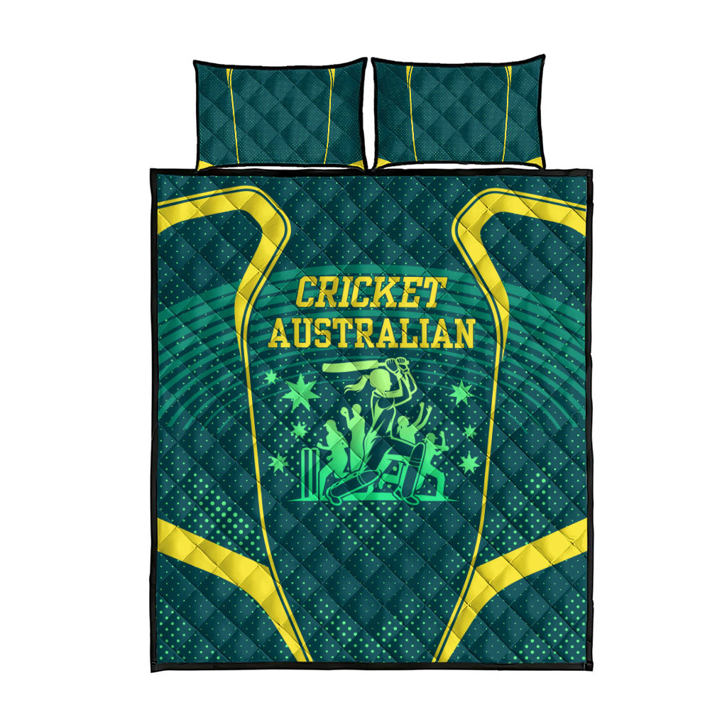 Australian Cricket Quilt Bed Set Dark Green Halftone Tech Graphic - Southern Cross Stars