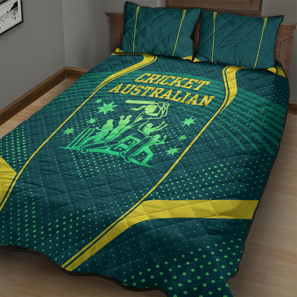 Australian Cricket Quilt Bed Set Dark Green Halftone Tech Graphic - Southern Cross Stars