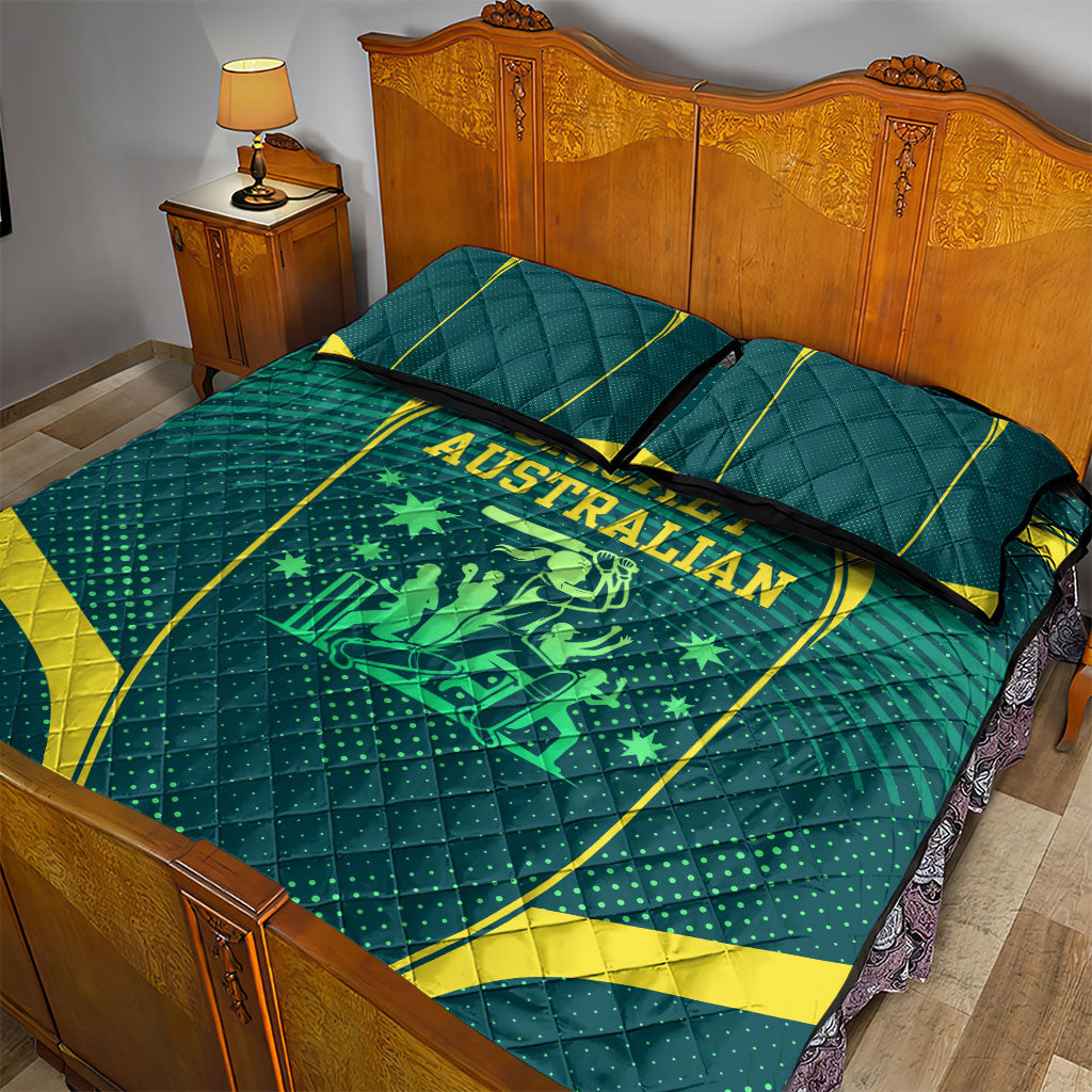 Australian Cricket Quilt Bed Set Dark Green Halftone Tech Graphic - Southern Cross Stars