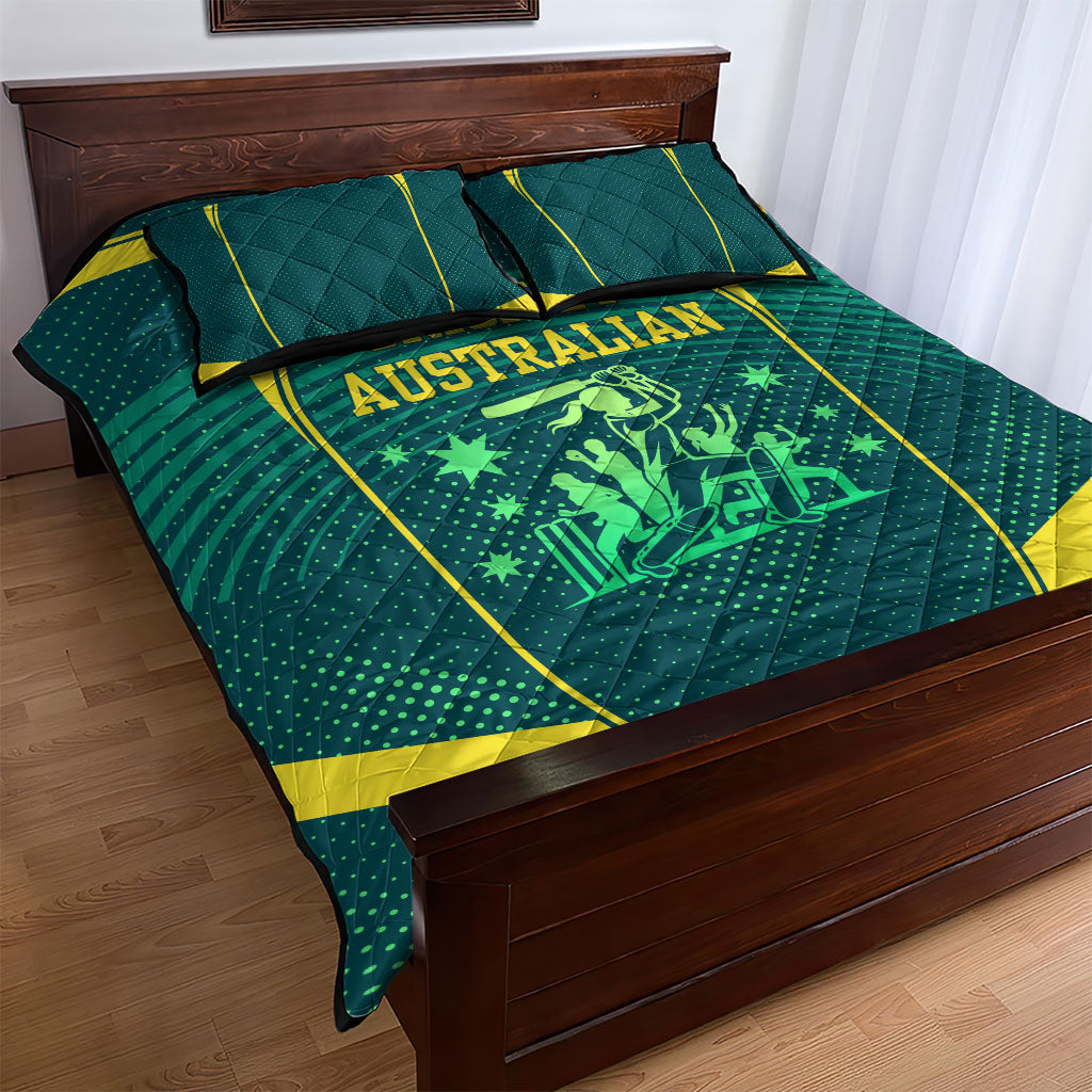Australian Cricket Quilt Bed Set Dark Green Halftone Tech Graphic - Southern Cross Stars