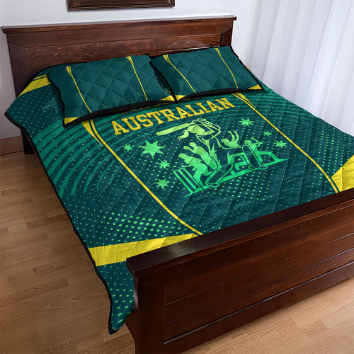 Australian Cricket Quilt Bed Set Dark Green Halftone Tech Graphic - Southern Cross Stars