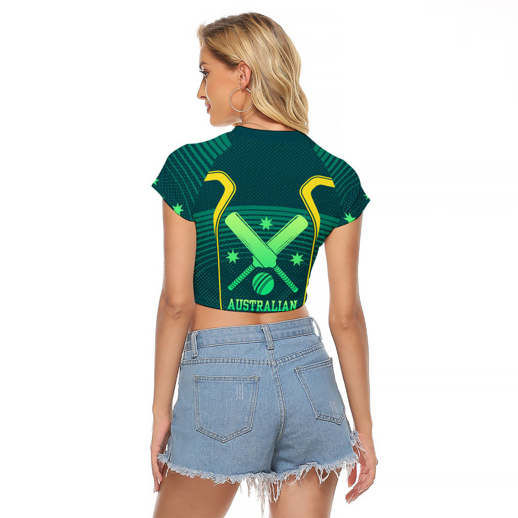 Australian Cricket Raglan Cropped T Shirt Dark Green Halftone Tech Graphic - Southern Cross Stars
