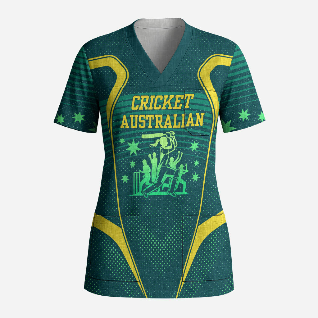 Australian Cricket Scrub Top Dark Green Halftone Tech Graphic - Southern Cross Stars