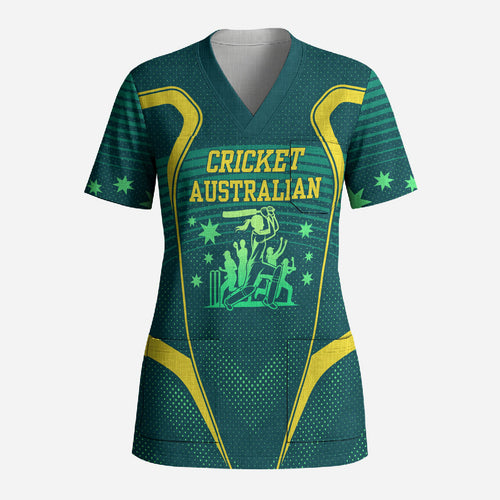 Australian Cricket Scrub Top Dark Green Halftone Tech Graphic - Southern Cross Stars