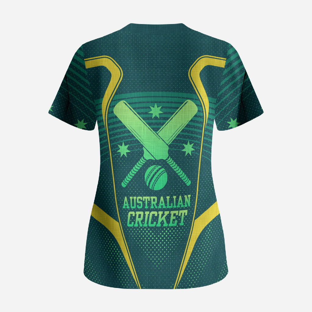 Australian Cricket Scrub Top Dark Green Halftone Tech Graphic - Southern Cross Stars