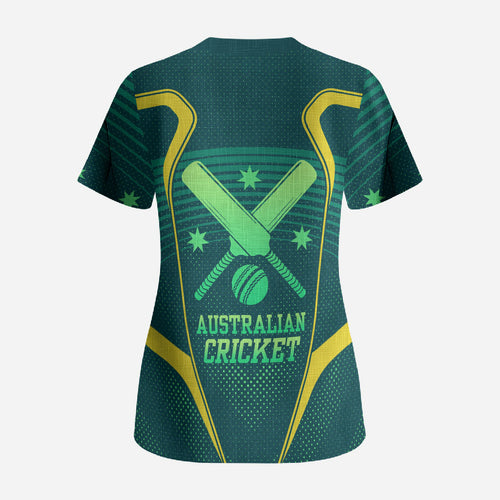 Australian Cricket Scrub Top Dark Green Halftone Tech Graphic - Southern Cross Stars